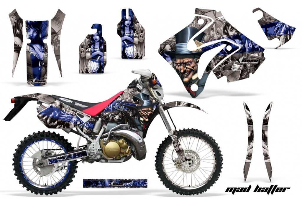 Mad Hatter Hintergrund = Silber, Designfarbe = Blau mit Nummernfeldern für Honda CRM 250 AR 1989-1999