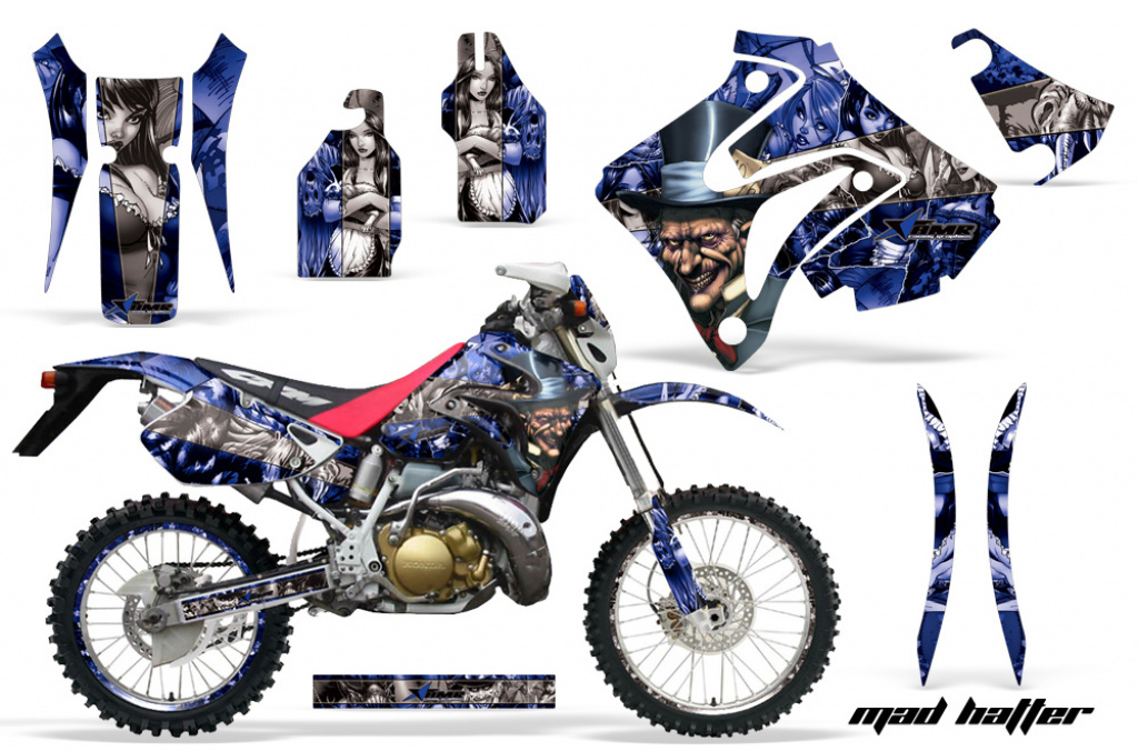 Mad Hatter Hintergrund = Blau, Designfarbe = Silber mit Nummernfeldern für Honda CRM 250 AR 1989-1999