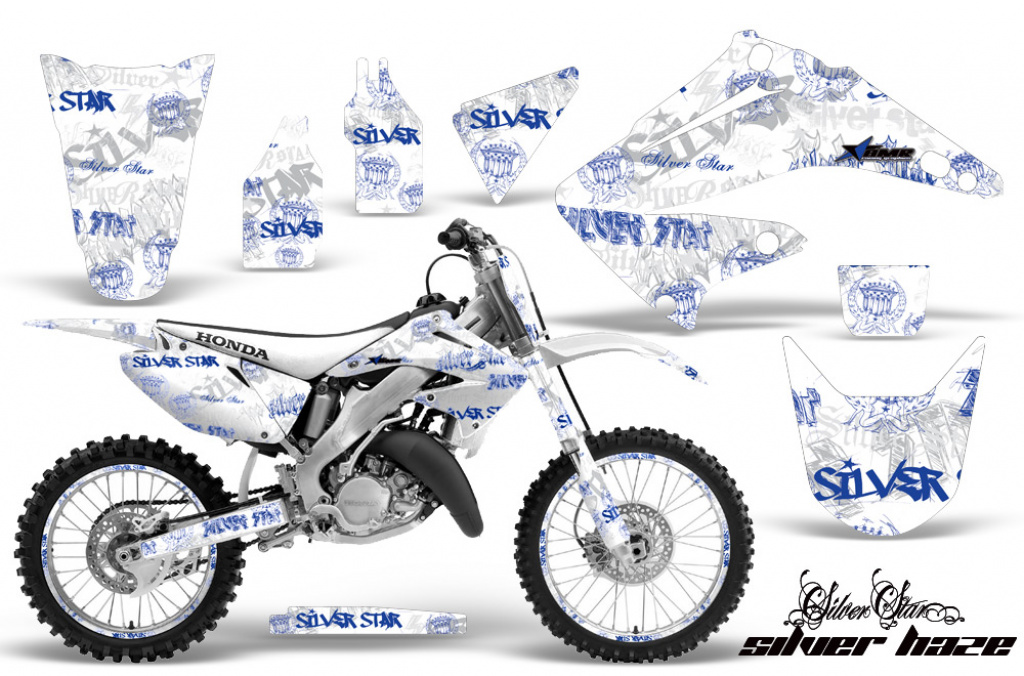 SilverStar- Silverhaze Hintergrund = Weiß, Designfarbe = Blau mit Nummernfeldern für Honda CR125 1995-2015