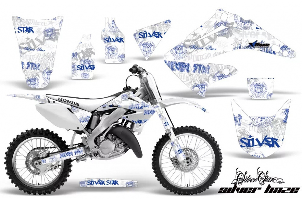 SilverStar- Silverhaze Hintergrund = Weiß, Designfarbe = Blau ohne Nummernfeldern für Honda CR125 1995-2015
