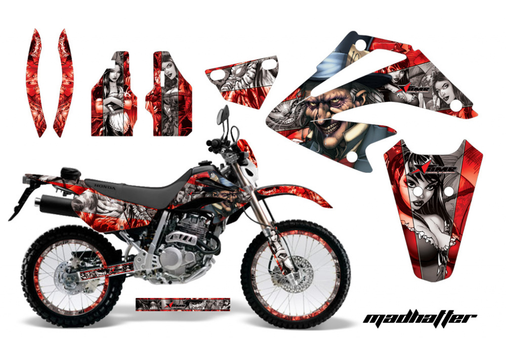 Mad Hatter Hintergrund = Rot, Designfarbe = Silber mit Nummernfeldern für Honda XR250 SM 2003-2005