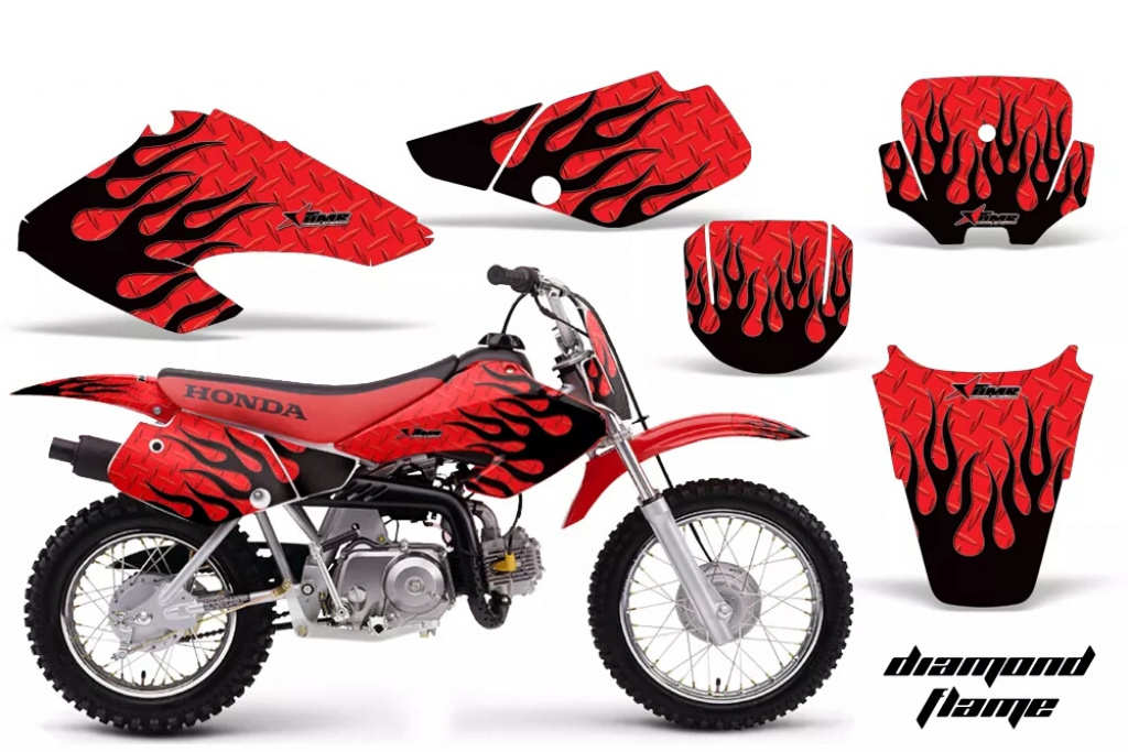 Diamond Flames Background = Red, Design color = Black with number plates for Honda XR70 2001-2003
