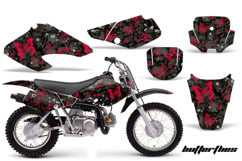 Butterfly Background = Black, Design color = Red with number plates for Honda XR70 2001-2003