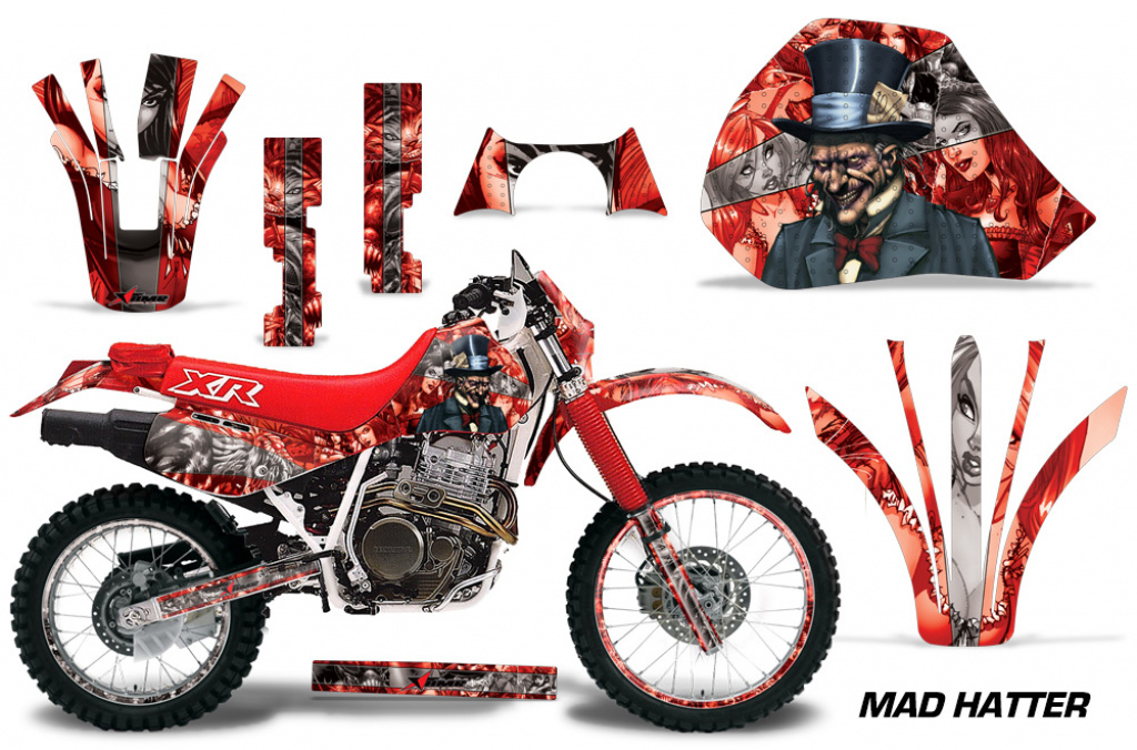 Mad Hatter Hintergrund = Rot, Designfarbe = Silber mit Nummernfeldern für Honda XR600R 1988-2000