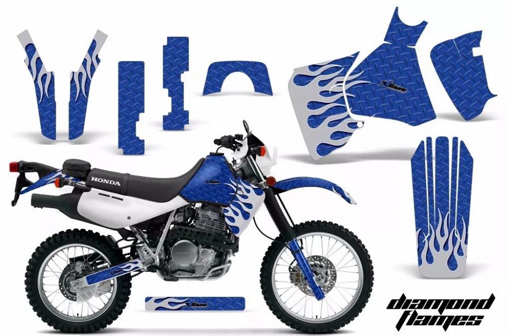 Diamond Flames Hintergrund = Blau, Designfarbe = Silber ohne Nummernfeldern für Honda XR650L 1993-2018