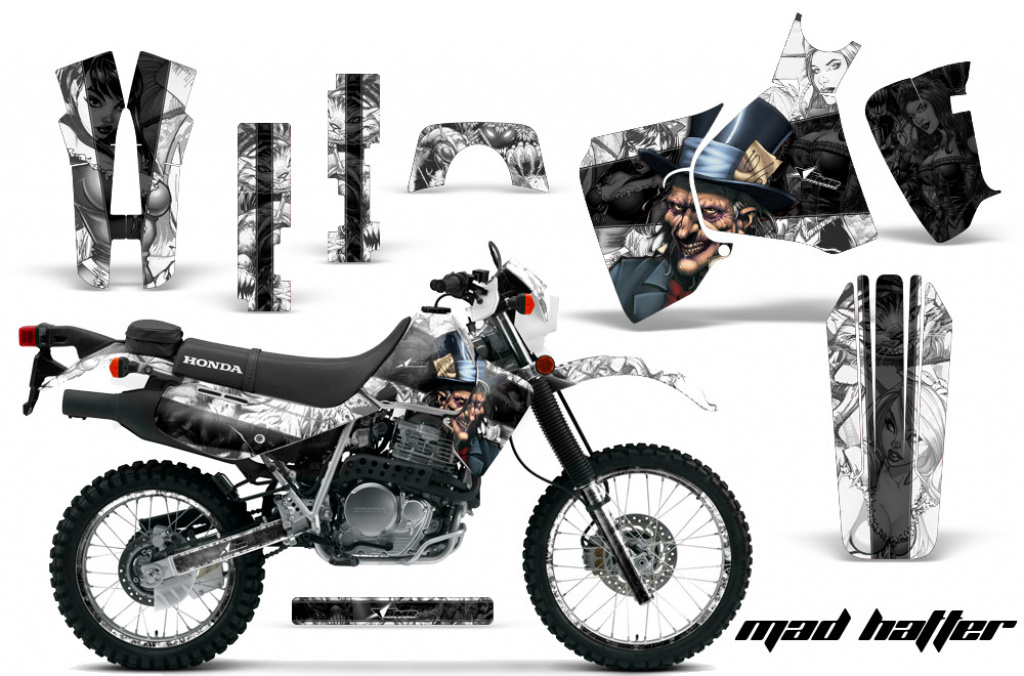 Mad Hatter Hintergrund = Weiß, Designfarbe = Schwarz mit Nummernfeldern für Honda XR650L 1993-2018