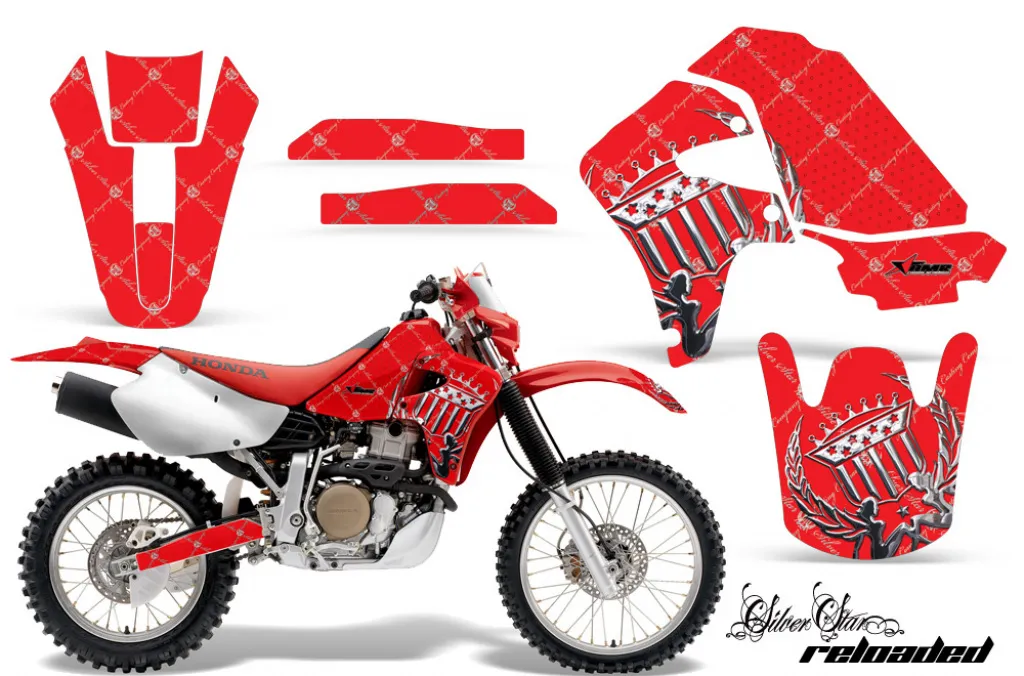 SilverStar - Reloaded Hintergrund = Rot, Designfarbe = Silber ohne Nummernfeldern für Honda XR650R 2000-2010