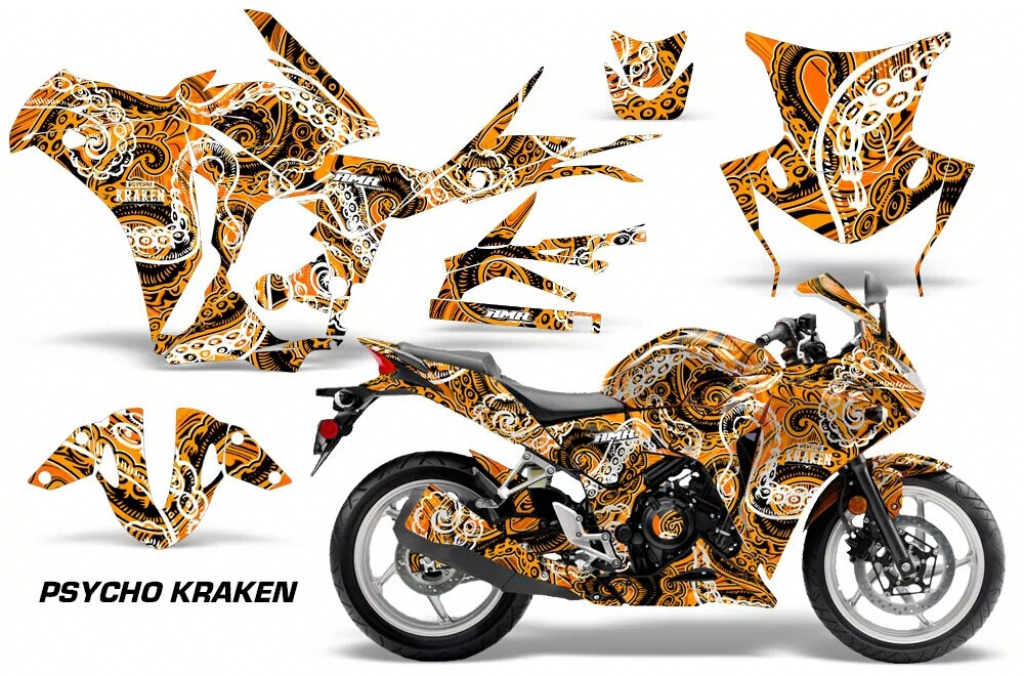 Psycho Kraken Background = Orange, Design color = Black for Honda Sport Bike CBR 250R 2010-2013