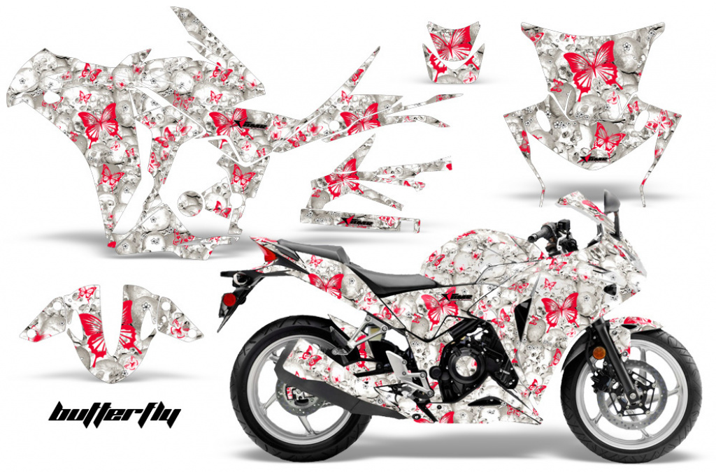 Butterfly Background = White, Design color = Red for Honda Sport Bike CBR 250R 2010-2013