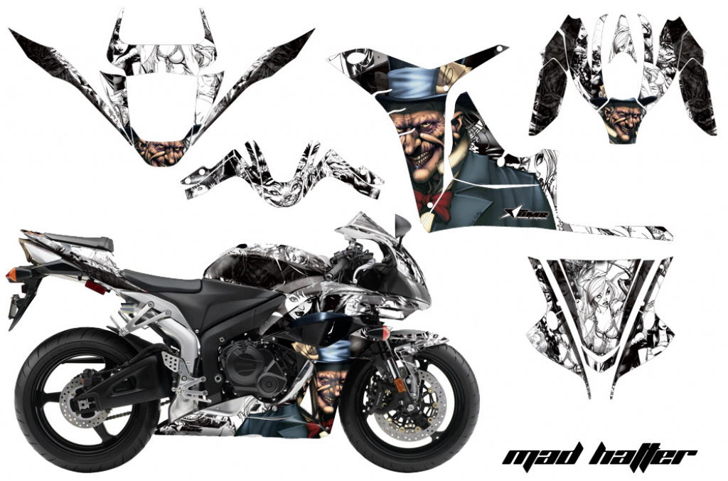 Mad Hatter Hintergrund = Weiß, Designfarbe = Schwarz für Honda Sport Bike CBR 600RR 2007-2008