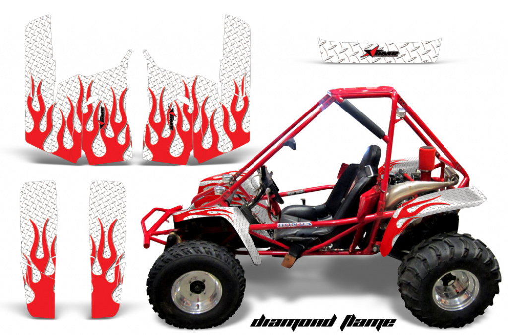 Diamond Flames Hintergrund = Weiß, Designfarbe = Rot für Honda Odyssey FL350 SxS 1985
