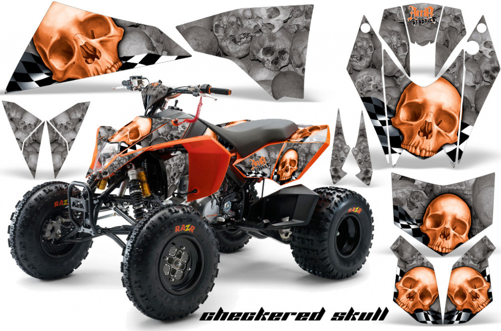 Checkered Skull Background = Silver, Design color = Orange for KTM SX 505 Quad