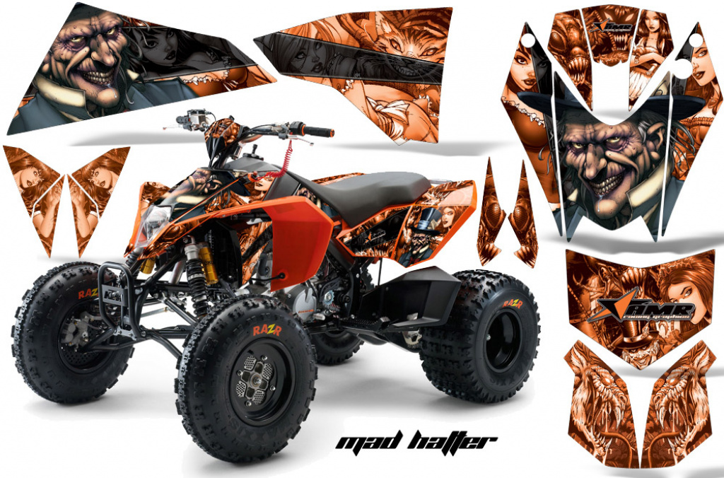 Mad-Hatter Background = Orange, Design color = Black for KTM SX 505 Quad