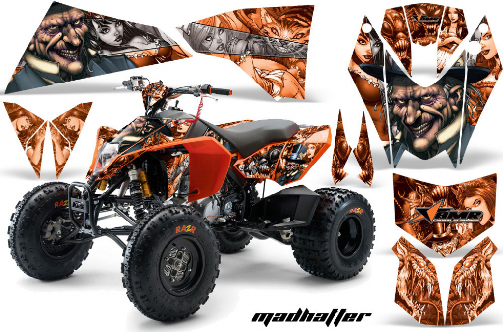Mad-Hatter Background = Orange, Design color = Silver for KTM SX 505 Quad