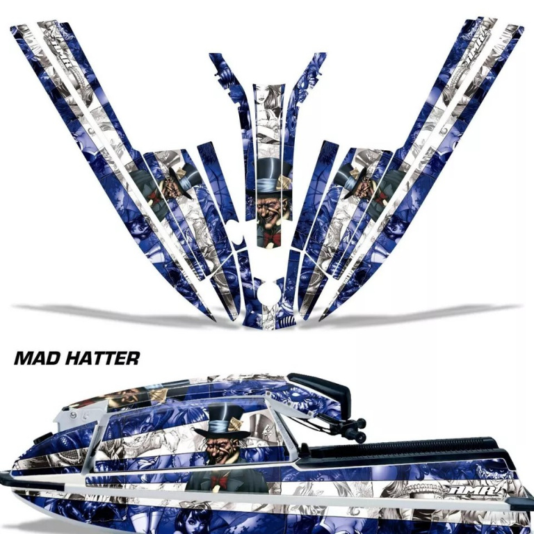 Mad Hatter Hintergrund = Blau, Designfarbe = Weiß für Kawasaki 440/550 SX 1982-1995