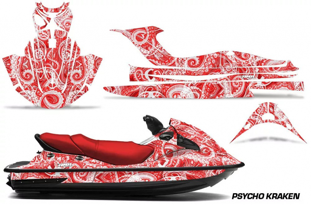 Psycho Kraken Hintergrund = Rot, Designfarbe = Weiß für Kawasaki STX15F 2003-2019