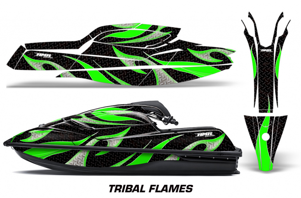 Tribal Flames Hintergrund = Schwarz, Designfarbe = Grün für Kawasaki SX-R SXR JS1500 2017-2022