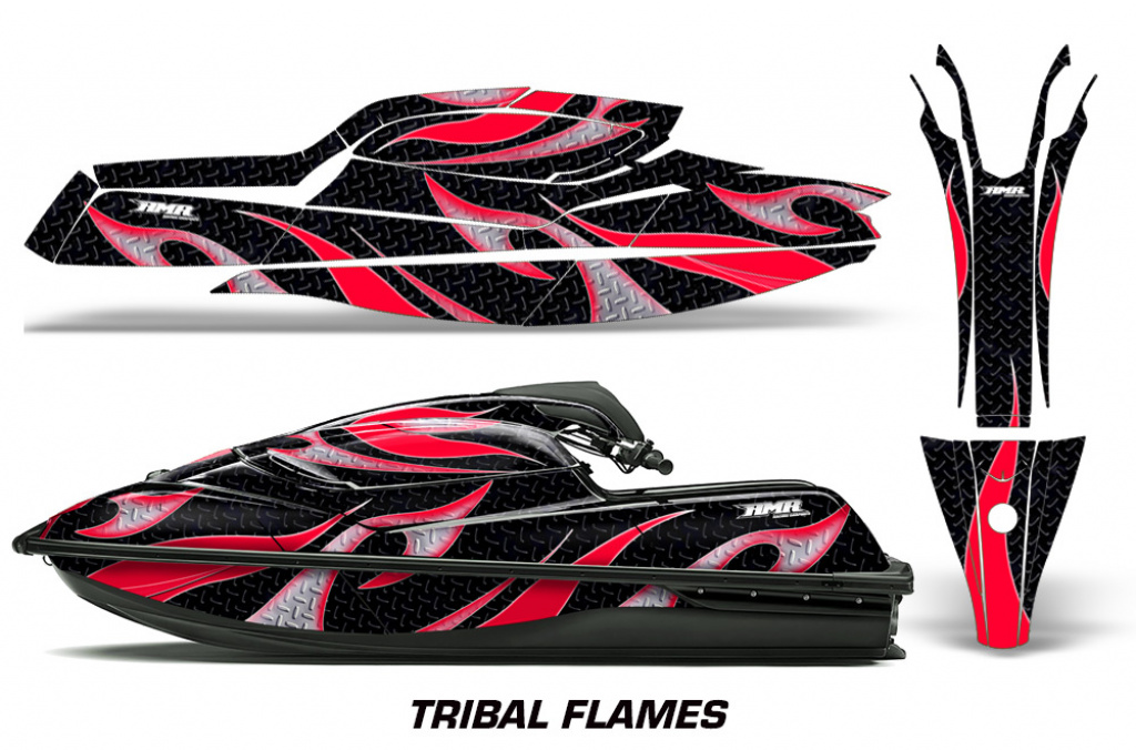 Tribal Flames Hintergrund = Schwarz, Designfarbe = Rot für Kawasaki SX-R SXR JS1500 2017-2022