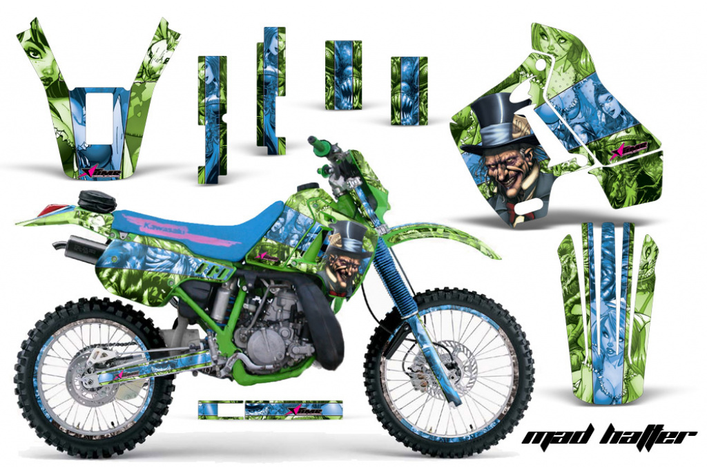Mad Hatter Hintergrund = Grün, Designfarbe = Blau mit Nummernfeldern für Kawasaki KDX200 1989-1994