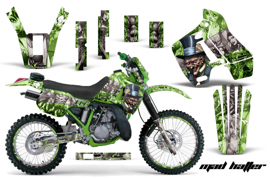 Mad Hatter Hintergrund = Grün, Designfarbe = Silber mit Nummernfeldern für Kawasaki KDX200 1989-1994