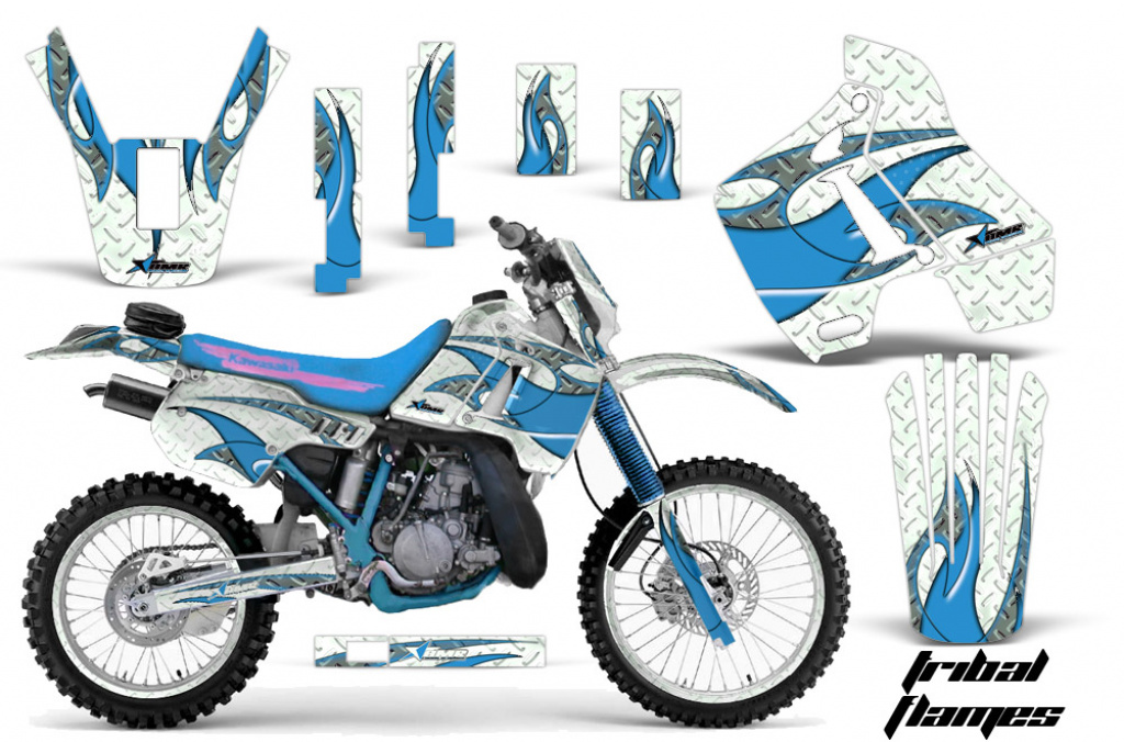 Tribal Flames Hintergrund = Weiß, Designfarbe = Blau mit Nummernfeldern für Kawasaki KDX200 1989-1994