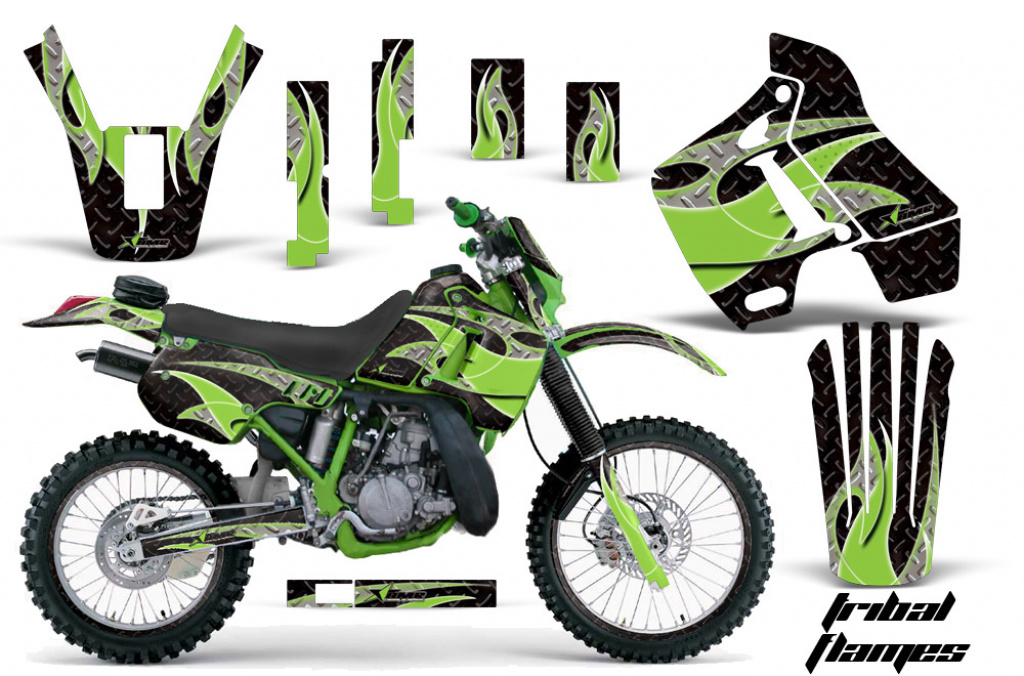 Tribal Flames Hintergrund = Schwarz, Designfarbe = Grün mit Nummernfeldern für Kawasaki KDX200 1989-1994