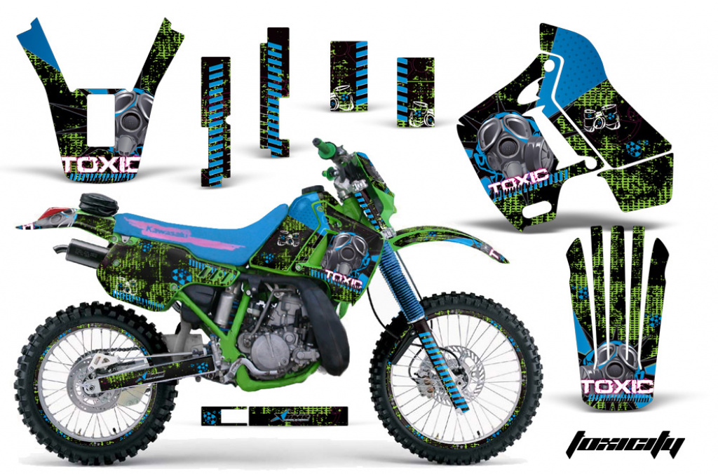Toxicity Hintergrund = Grün, Designfarbe = Blau mit Nummernfeldern für Kawasaki KDX200 1989-1994