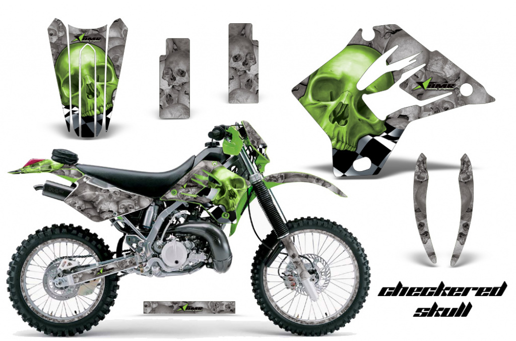 Checkered Skull Hintergrund = Silber, Designfarbe = Grün mit Nummernfeldern für Kawasaki KDX200 1995-2006