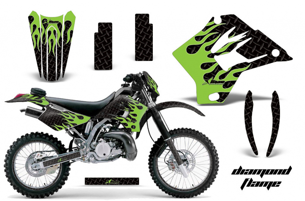 Diamond Flames Hintergrund = Schwarz, Designfarbe = Grün mit Nummernfeldern für Kawasaki KDX200 1995-2006
