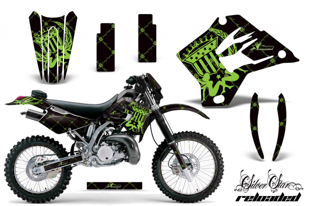 SilverStar - Reloaded Hintergrund = Schwarz, Designfarbe = Grün mit Nummernfeldern für Kawasaki KDX200 1995-2006