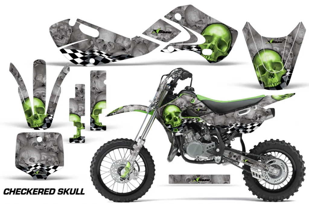 Checkered Skull Hintergrund = Silber, Designfarbe = Grün mit Nummernfeldern für Kawasaki KX65 2002-2018