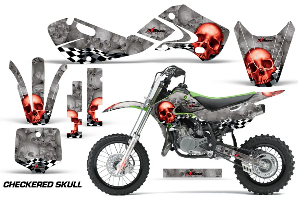 Checkered Skull Hintergrund = Silber, Designfarbe = Rot mit Nummernfeldern für Kawasaki KX65 2002-2018