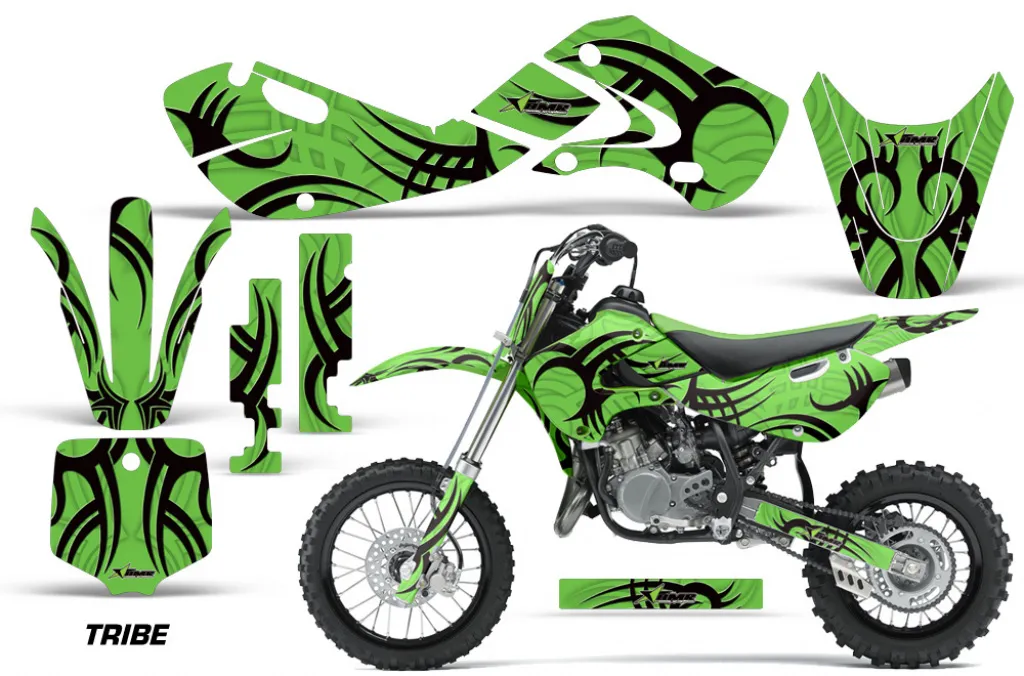 Tribe Hintergrund = Grün, Designfarbe = Schwarz mit Nummernfeldern für Kawasaki KX65 2002-2018