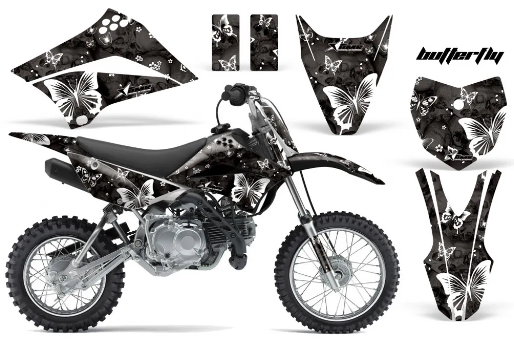 Butterfly Hintergrund = Schwarz, Designfarbe = Weiß mit Nummernfeldern für Kawasaki KLX110 2010-2021