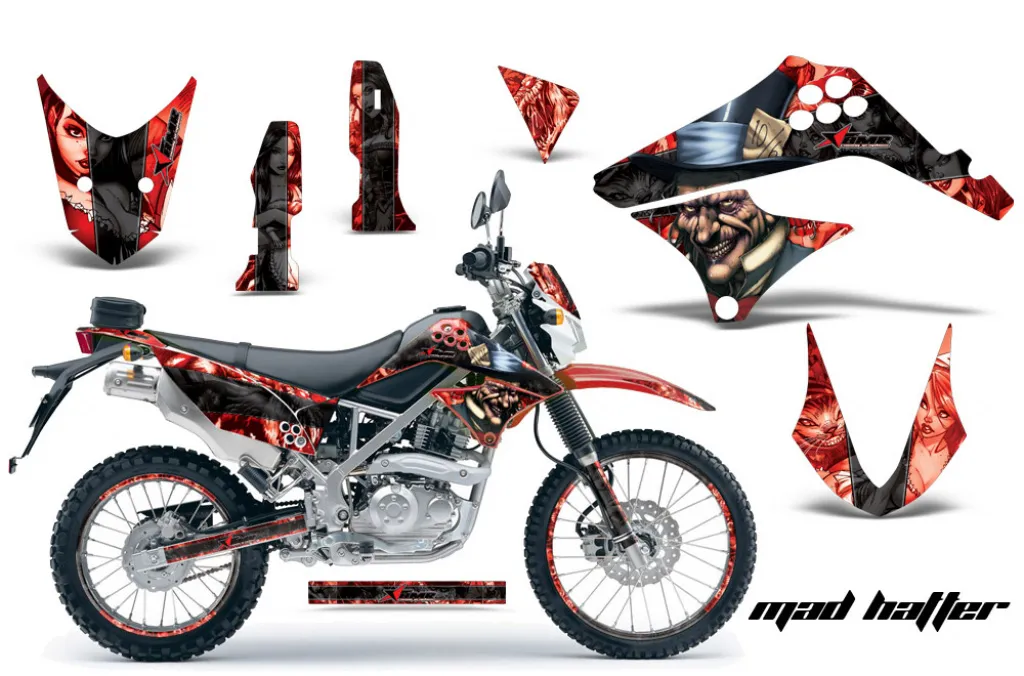 Mad Hatter Hintergrund = Rot, Designfarbe = Schwarz mit Nummernfeldern für Kawasaki KLX125 D-Tracker 2010-2016