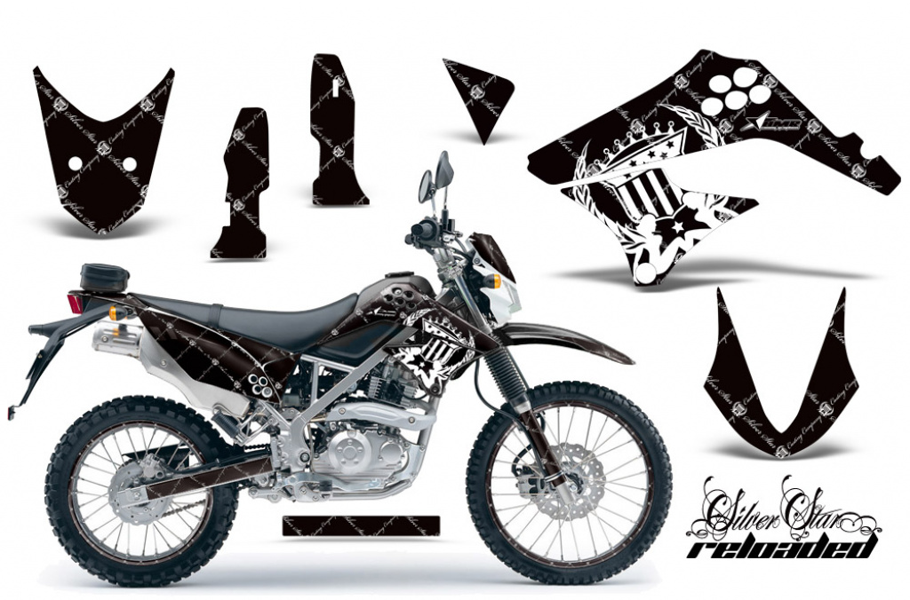 SilverStar - Reloaded Background = Black, Design color = White with number plates for Kawasaki KLX125 D-Tracker 2010-2016