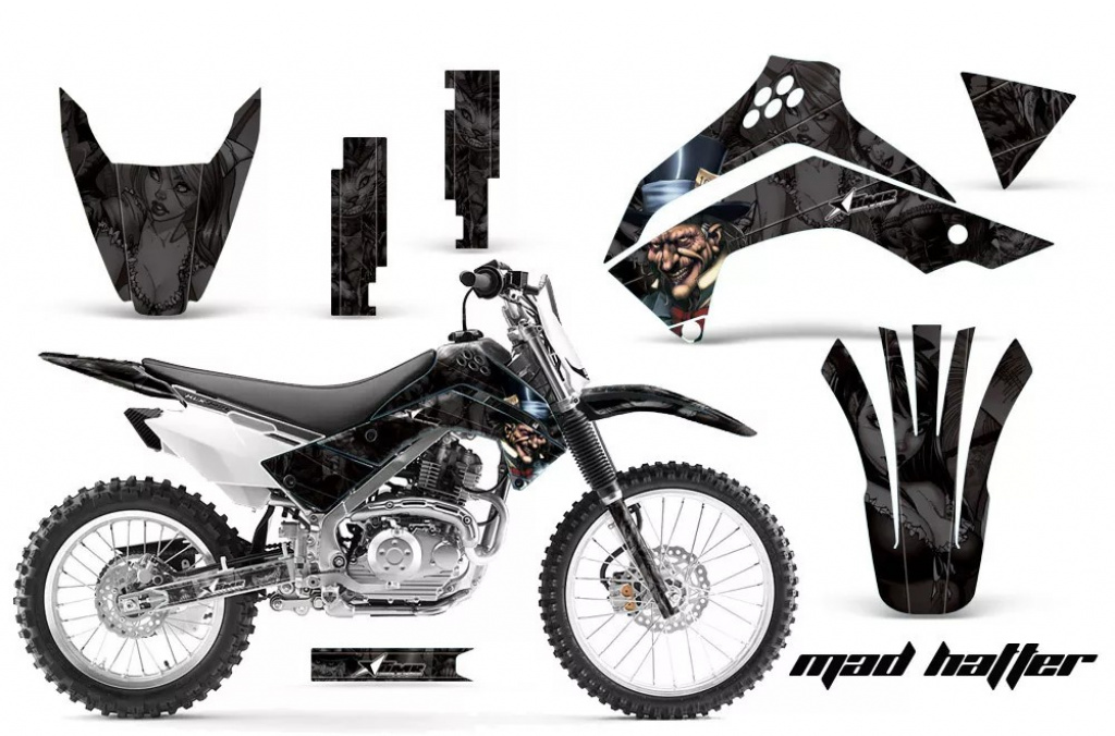 Mad Hatter Hintergrund = Schwarz, Designfarbe = Schwarz ohne Nummernfeldern für Kawasaki KLX140 2008-2019