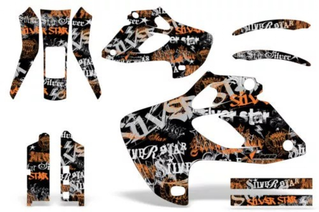 SilverStar - Silverhaze Hintergrund = Schwarz, Designfarbe = Orange ohne Nummernfeldern für Kawasaki KLX250 1998-2003