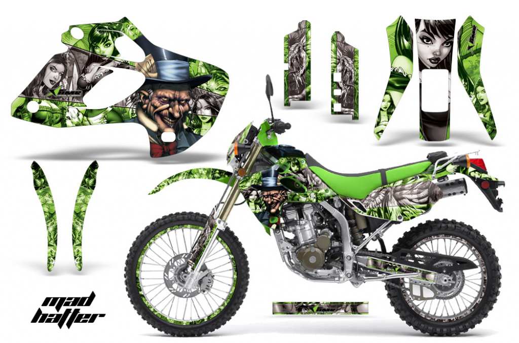 Mad Hatter Hintergrund = Grün, Designfarbe = Silber mit Nummernfeldern für Kawasaki KLX250 1998-2003