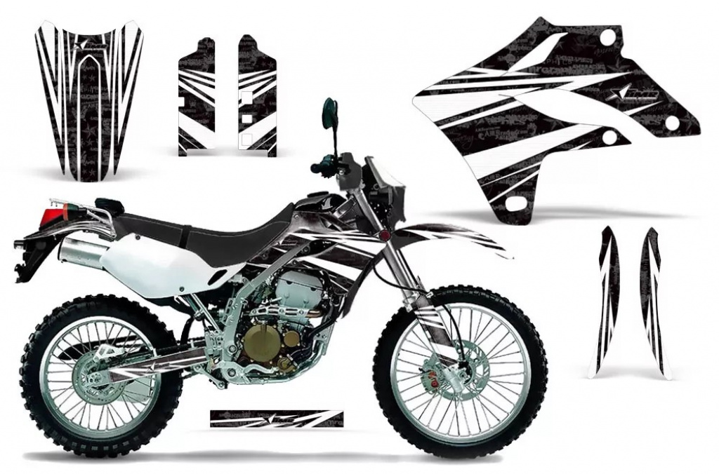 Contender Hintergrund = Schwarz, Designfarbe = Weiß ohne Nummernfeldern für Kawasaki KLX250 2004-2007