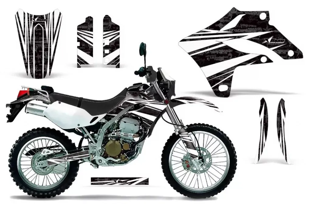Contender Hintergrund = Schwarz, Designfarbe = Weiß ohne Nummernfeldern für Kawasaki KLX250 2004-2007