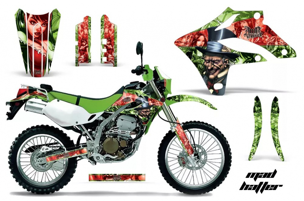 Mad-Hatter Hintergrund = Grün, Designfarbe = Rot ohne Nummernfeldern für Kawasaki KLX250 2004-2007