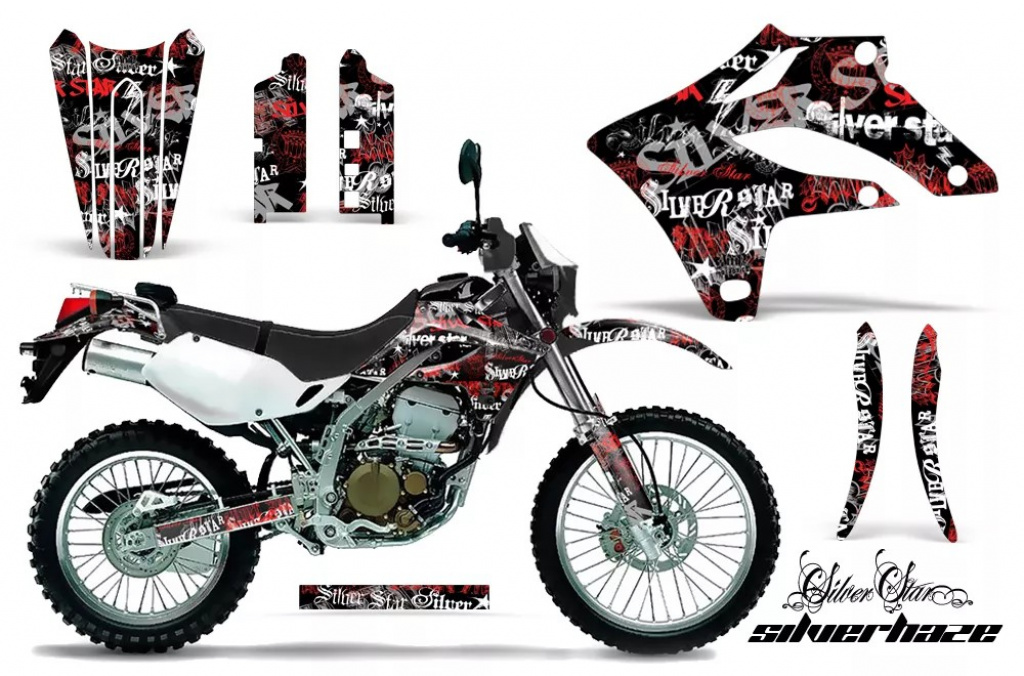 SilverStar - Silverhaze Hintergrund = Schwarz, Designfarbe = Rot ohne Nummernfeldern für Kawasaki KLX250 2004-2007