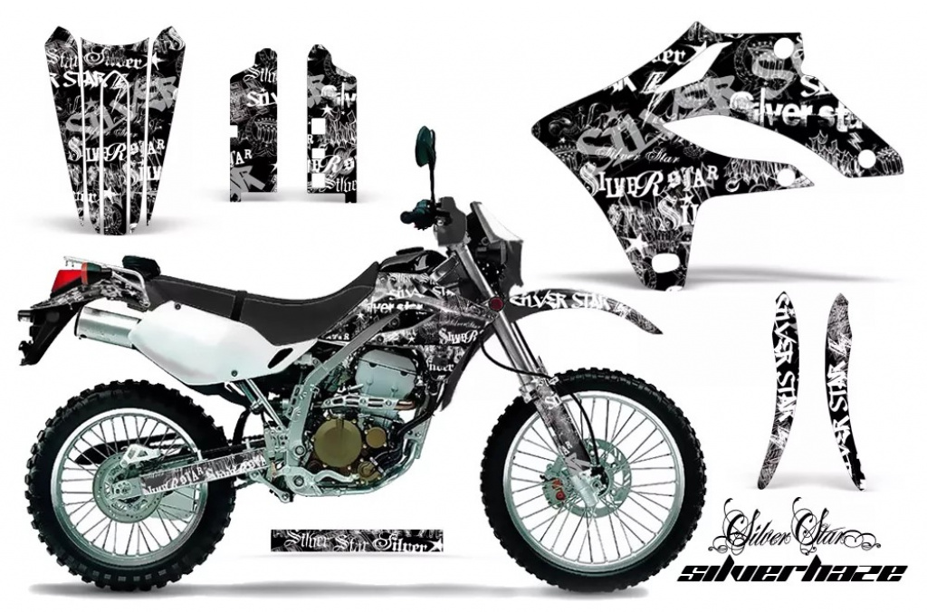 SilverStar - Silverhaze Hintergrund = Schwarz, Designfarbe = Weiß ohne Nummernfeldern für Kawasaki KLX250 2004-2007