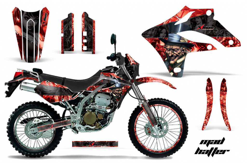 Mad-Hatter Hintergrund = Rot, Designfarbe = Schwarz mit Nummernfeldern für Kawasaki KLX250 2004-2007