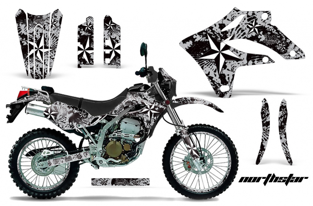 Northstar Hintergrund = Silber, Designfarbe = Weiß mir Nummernfeldern für Kawasaki KLX250 2004-2007