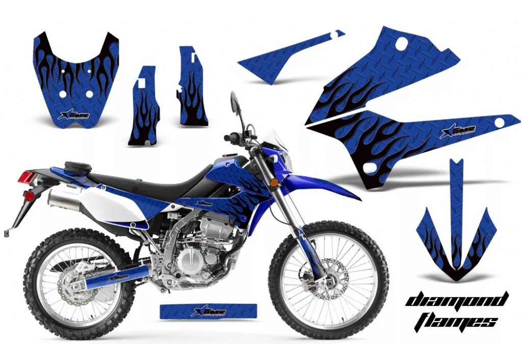 Diamond Flames Hintergrund = Blau, Designfarbe = Schwarz ohne Nummernfeldern für Kawasaki KLX250 2008-2018