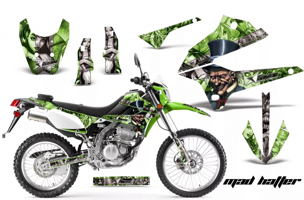 Mad Hatter Hintergrund = Grün, Designfarbe = Silber ohne Nummernfeldern für Kawasaki KLX250 2008-2018