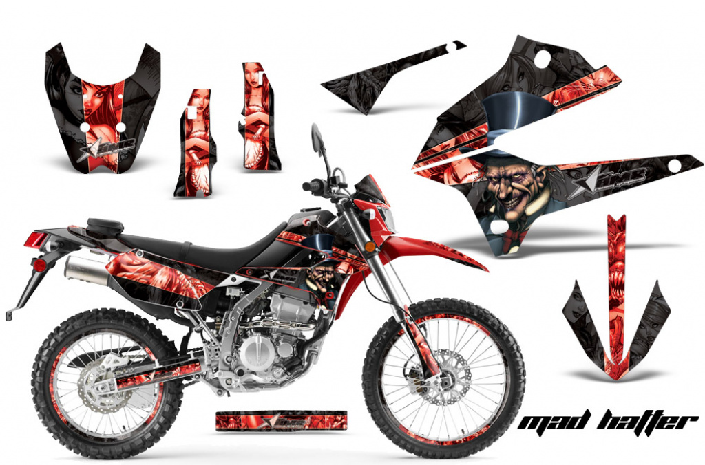 Mad-Hatter Hintergrund = Schwarz, Designfarbe = Rot mit Nummernfeldern für Kawasaki KLX250 2008-2018
