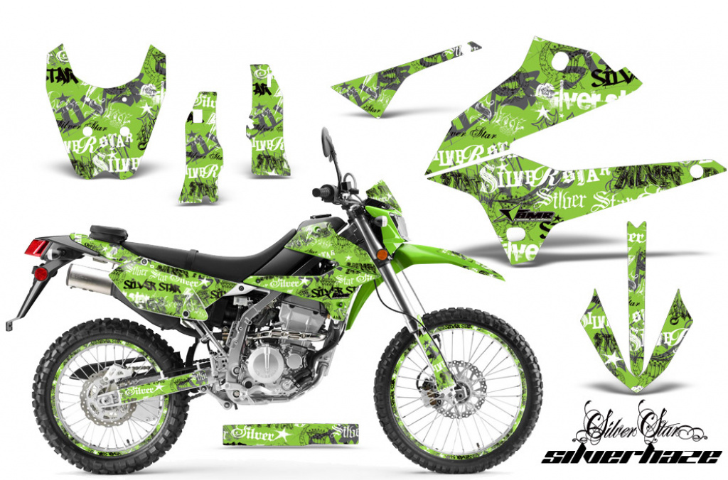 SilverStar - Silverhaze Hintergrund = Grün, Designfarbe = Schwarz mit Nummernfeldern für Kawasaki KLX250 2008-2018